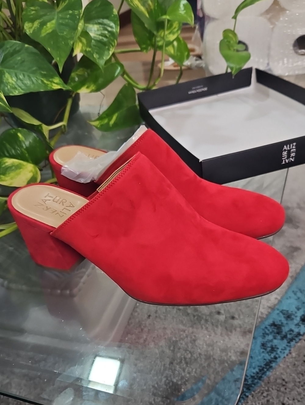 Naturalizer Red Suede Block Heel Slip-On Mules